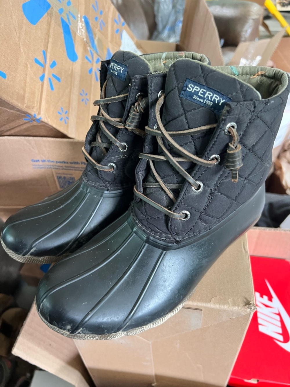 Sperry Black and Olive Quilted Lace-Up Duck Boots